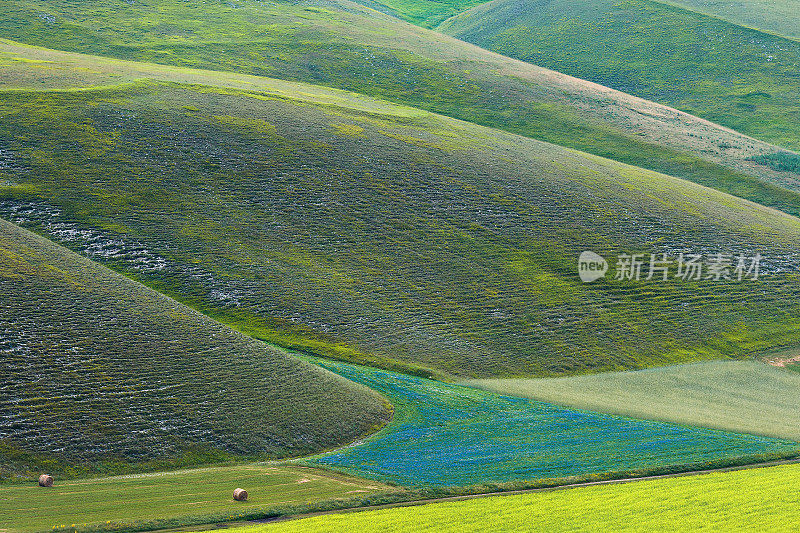 诺尔恰Castelluccio di Norcia(意大利)，绿色山丘上的村庄